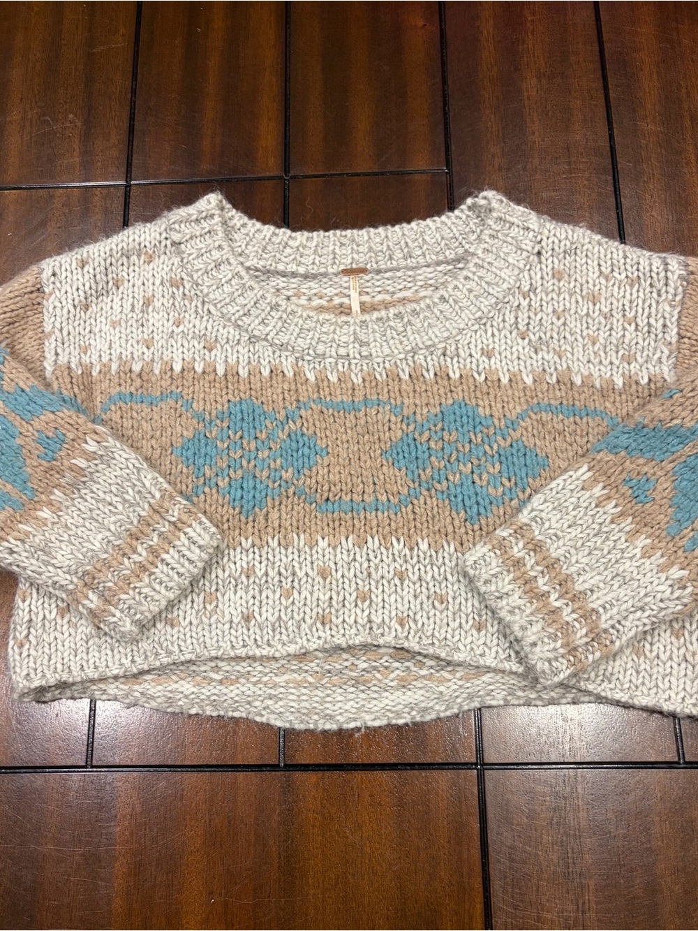 Free People Chunky Cropped Fair Isle Sweater in Cream, Tan & Blue